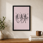 Dancing Skeletons Wall Art Pink Halloween Poster Ballerina Skeleton Coquette Girly Spooky Decor - Format: Black Framed Poster
