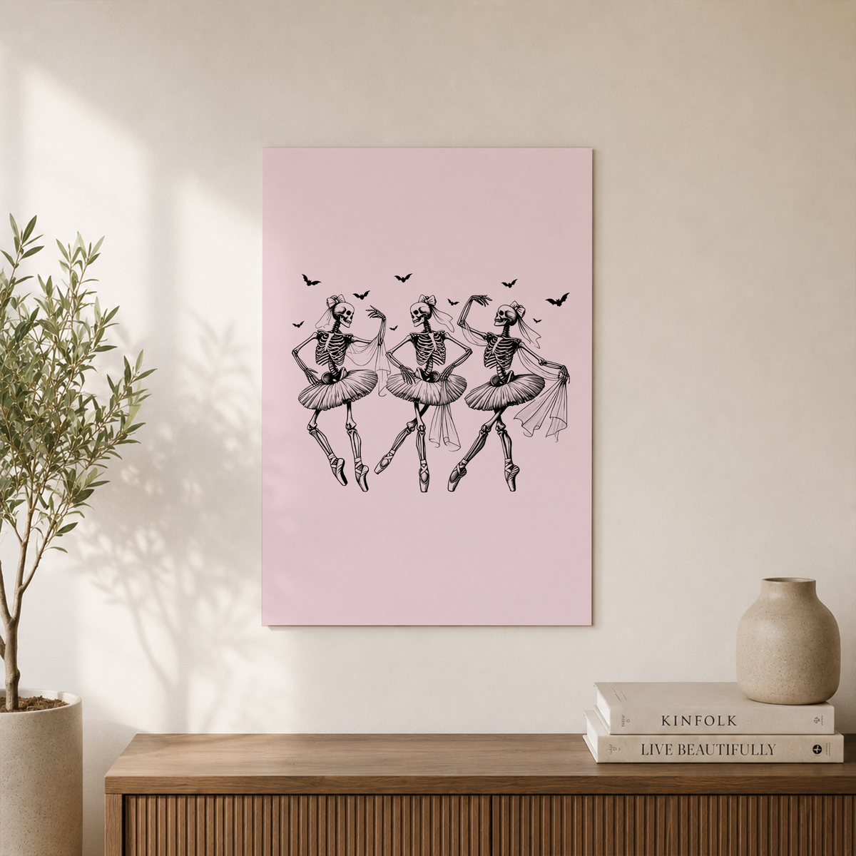 Dancing Skeletons Wall Art Pink Halloween Poster Ballerina Skeleton Coquette Girly Spooky Decor - Format: Unframed Paper Poster
