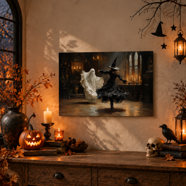Dancing Witch and Ghost Halloween Poster Vintage Spooky Wall Art for Seasonal Home Decor - Format: Unframed Poster