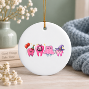 Dental Breast Cancer Awareness Pink Ribbon Tooth Gift Glass Ornament - Material: Circle Ceramic Ornament