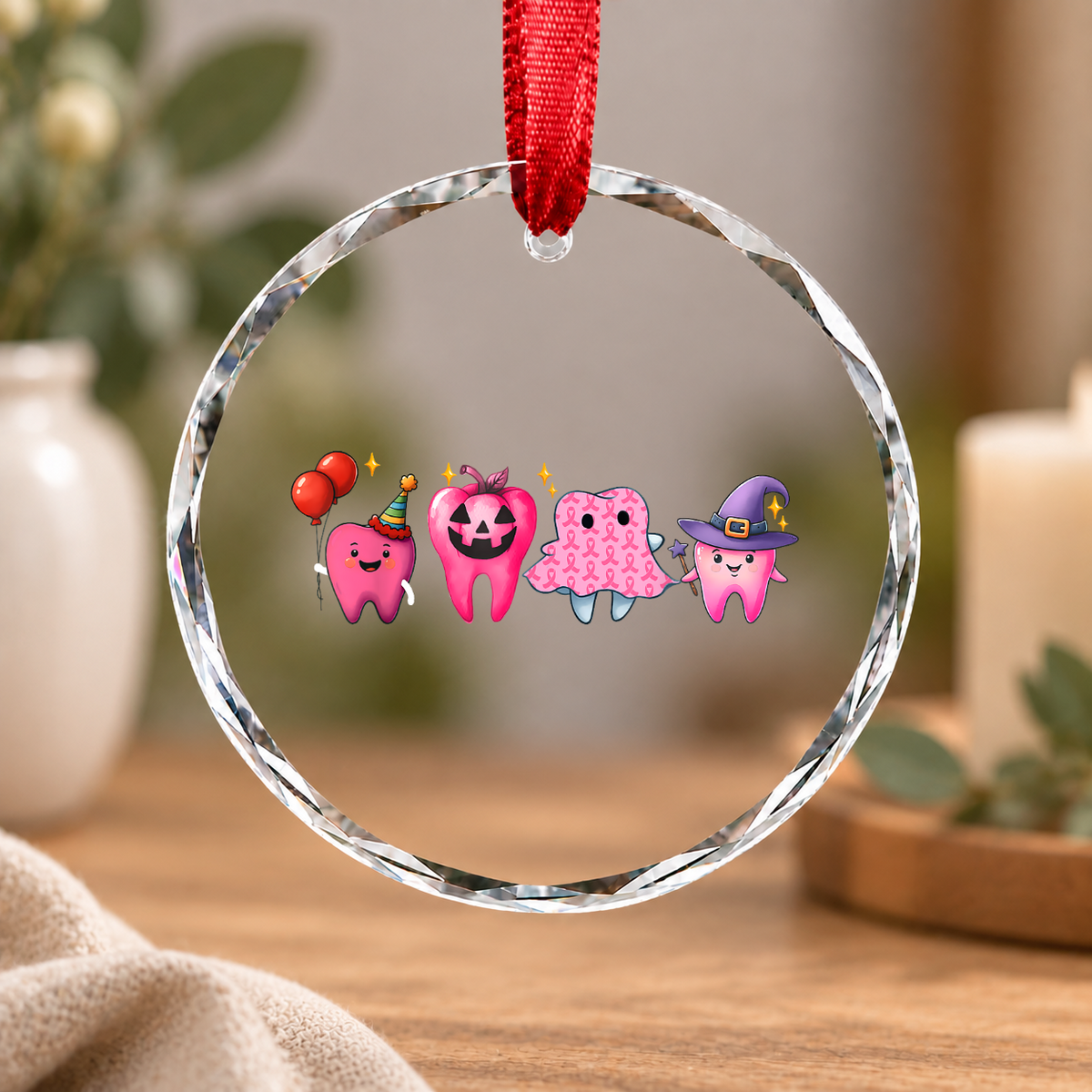 Dental Breast Cancer Awareness Pink Ribbon Tooth Gift Glass Ornament - Material: Circle Glass Ornament