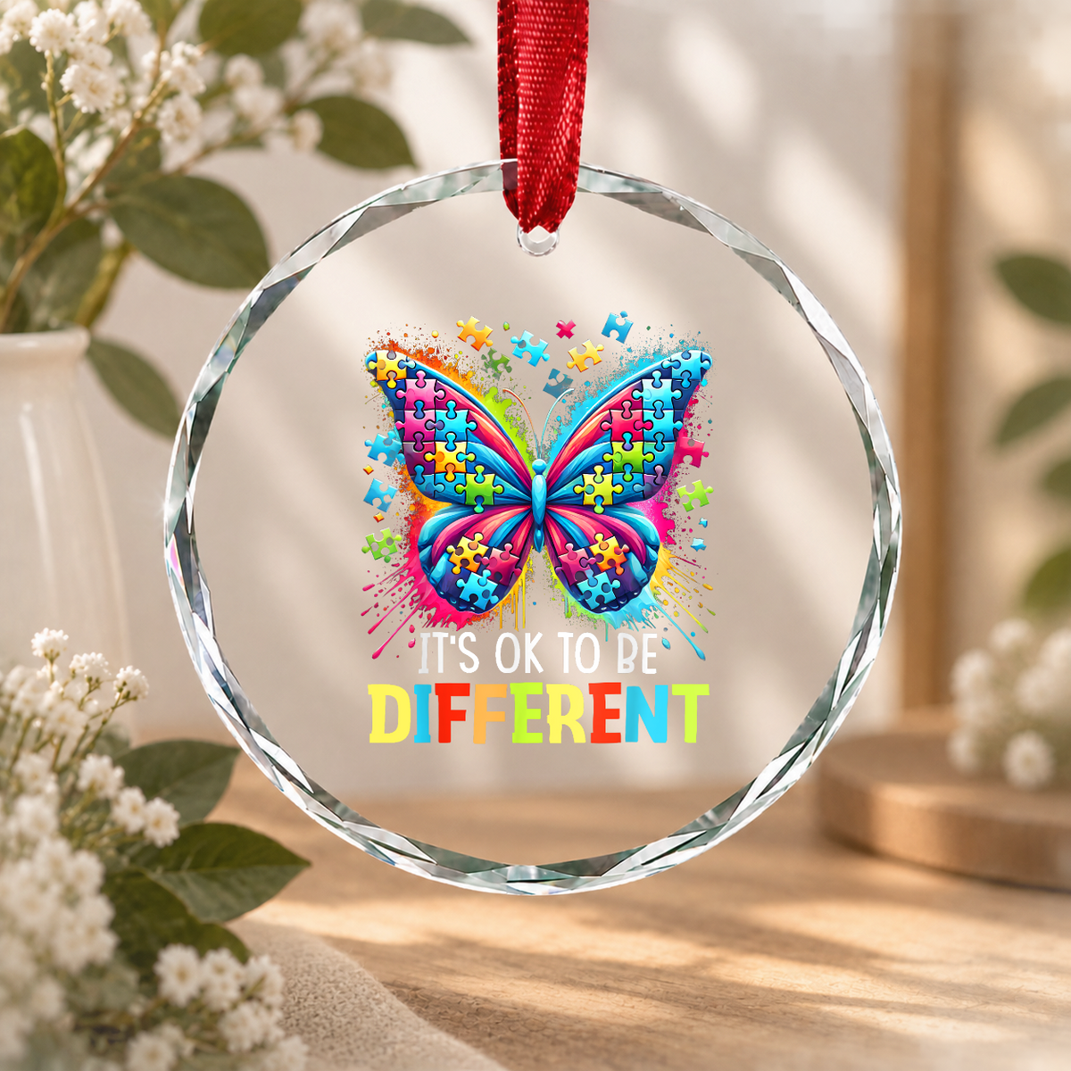 Different Is Beautiful Butterfly Autism Ornament Glass Ornament - Material: Circle Glass Ornament