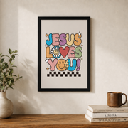 DOPAPRINT Jesus Loves You Wall Print, Retro Groovy Christian Art, Religious Print, Christian Poster, John Bible Verse, Wall Decor, Gift For Christians Wall Art, Modern Wall Decor NO FRAMED POSTER - Format: Black Framed Poster