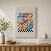 DOPAPRINT Jesus Loves You Wall Print, Retro Groovy Christian Art, Religious Print, Christian Poster, John Bible Verse, Wall Decor, Gift For Christians Wall Art, Modern Wall Decor NO FRAMED POSTER - Format: Stretched Canvas