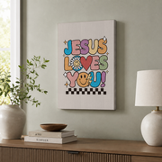 DOPAPRINT Jesus Loves You Wall Print, Retro Groovy Christian Art, Religious Print, Christian Poster, John Bible Verse, Wall Decor, Gift For Christians Wall Art, Modern Wall Decor NO FRAMED POSTER - Format: Stretched Canvas