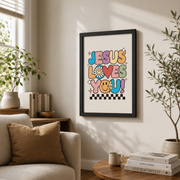 DOPAPRINT Jesus Loves You Wall Print, Retro Groovy Christian Art, Religious Print, Christian Poster, John Bible Verse, Wall Decor, Gift For Christians Wall Art, Modern Wall Decor NO FRAMED POSTER - Format: Black Framed Poster