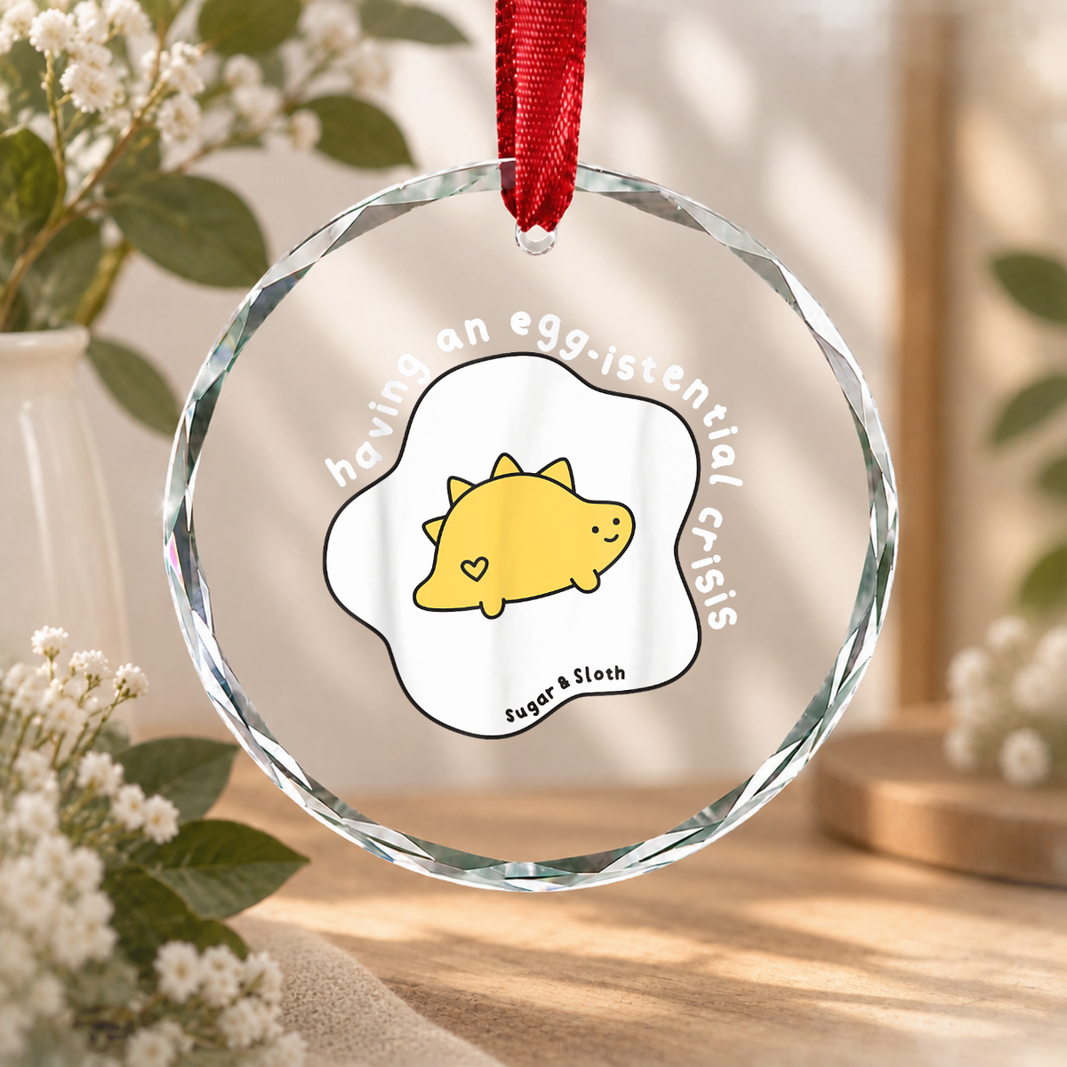 Egg Istential Crisis Funny Dinosaur Sloth Glass Ornament - Material: Circle Glass Ornament