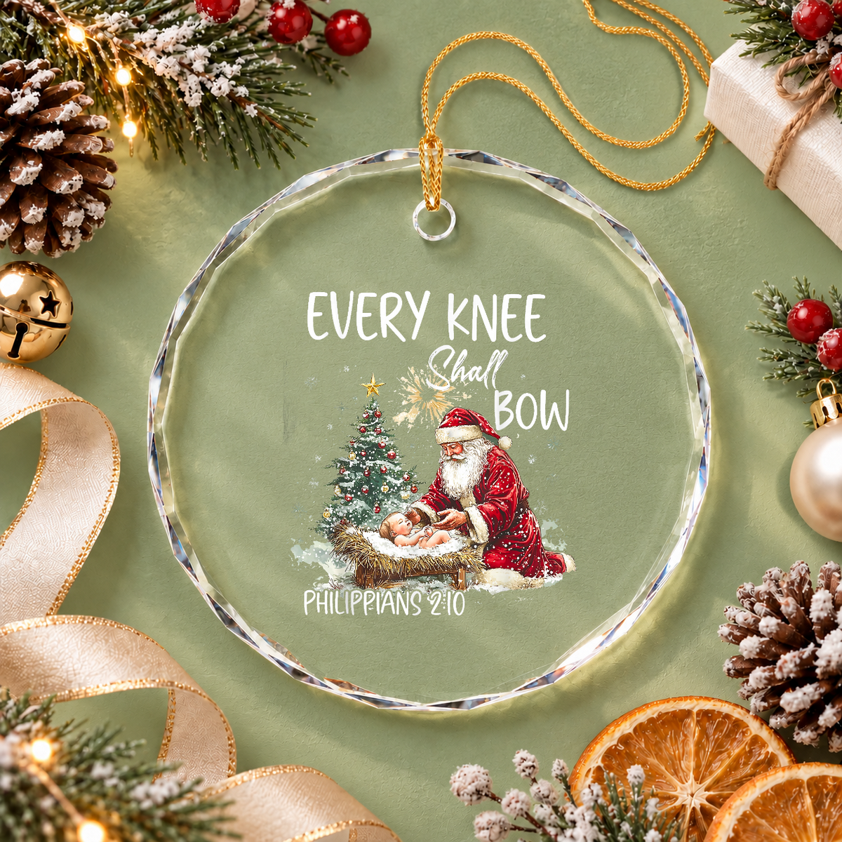 Every Knee Shall Bow Jesus Christmas Glass Ornament - Material: Circle Glass Ornament