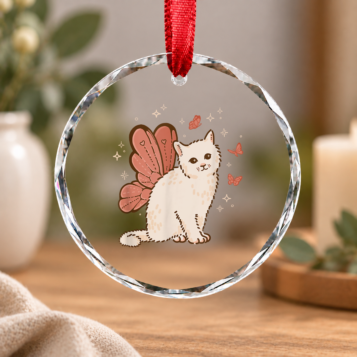 Fairycore Butterfly Wing Cat Aesthetic Glass Ornament - Material: Circle Glass Ornament