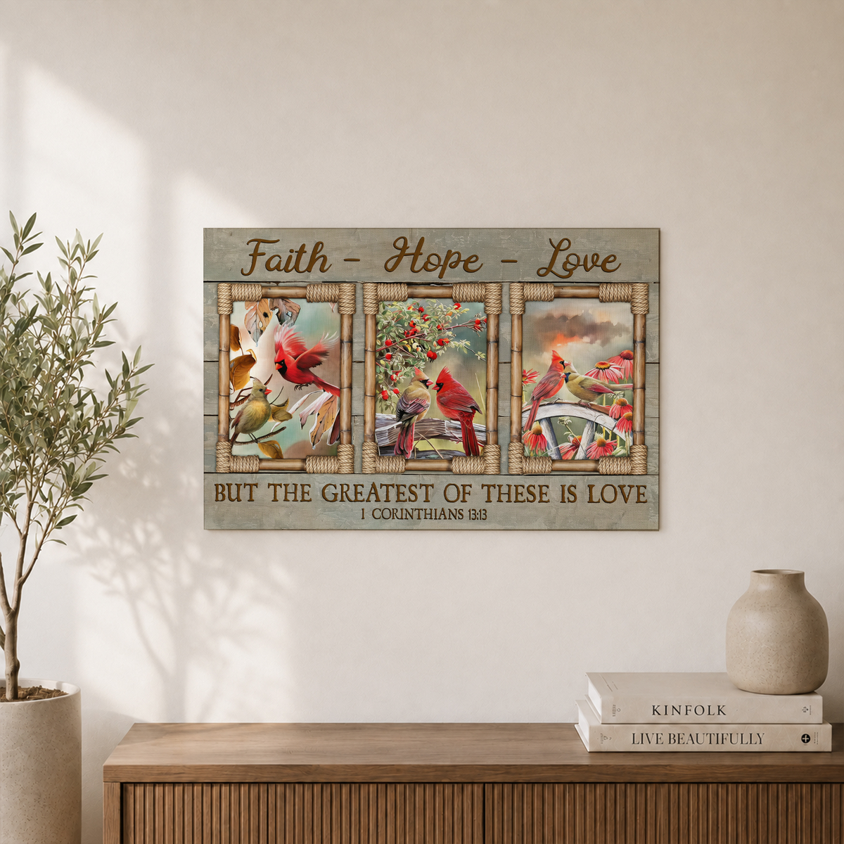 Faith Hope Love Christian Wall Art, Cardinal Couple Flower Garden Poster - Format: Unframed Paper Poster
