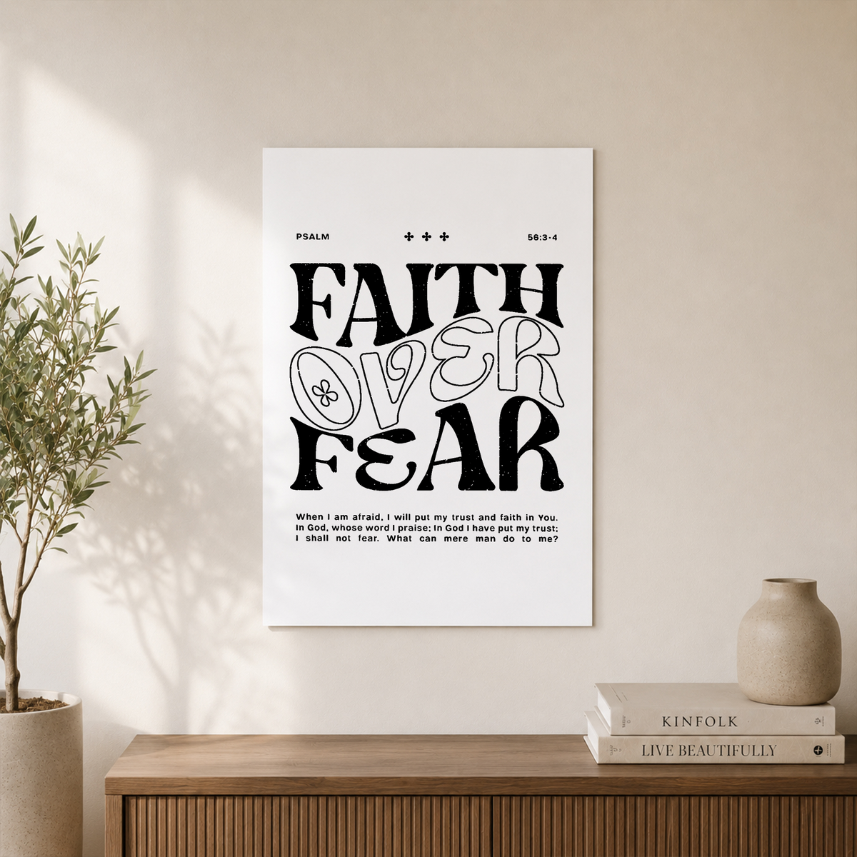 Faith Over Fear Christian Wall Art, Black White Motivational Scripture Poster - Format: Unframed Paper Poster