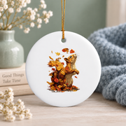 Fall Aesthetic Squirrel With Leaves Forest Animal Autumn Glass Ornament - Material: Circle Ceramic Ornament