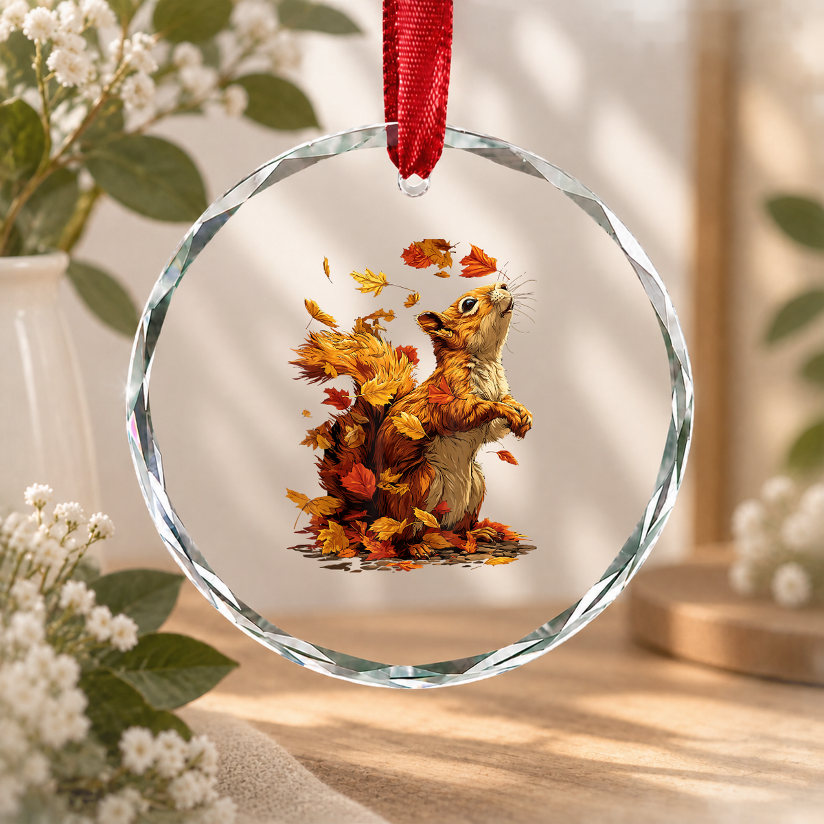 Fall Aesthetic Squirrel With Leaves Forest Animal Autumn Glass Ornament - Material: Circle Glass Ornament
