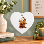 Fall Aesthetic Squirrel With Leaves Forest Animal Autumn Glass Ornament - Material: Heart Ceramic Ornament