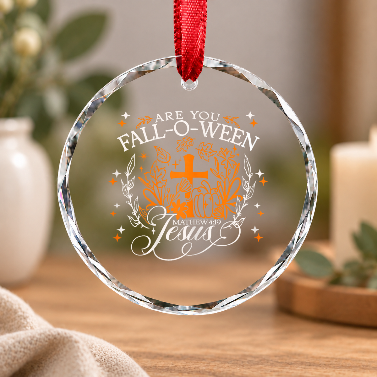Fall Jesus Faith Autumn Christian Glass Ornament - Material: Circle Glass Ornament