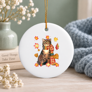 Fall Leaf Cat Autumn Lover Glass Ornament - Material: Circle Ceramic Ornament