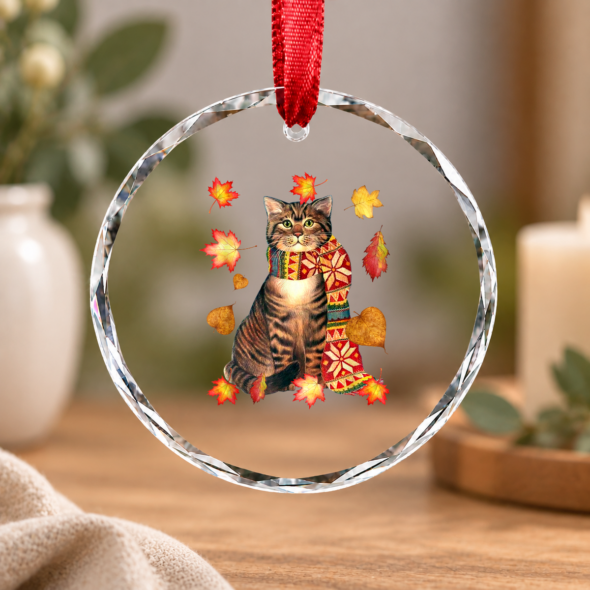 Fall Leaf Cat Autumn Lover Glass Ornament - Material: Circle Glass Ornament