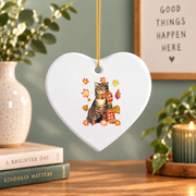 Fall Leaf Cat Autumn Lover Glass Ornament - Material: Heart Ceramic Ornament