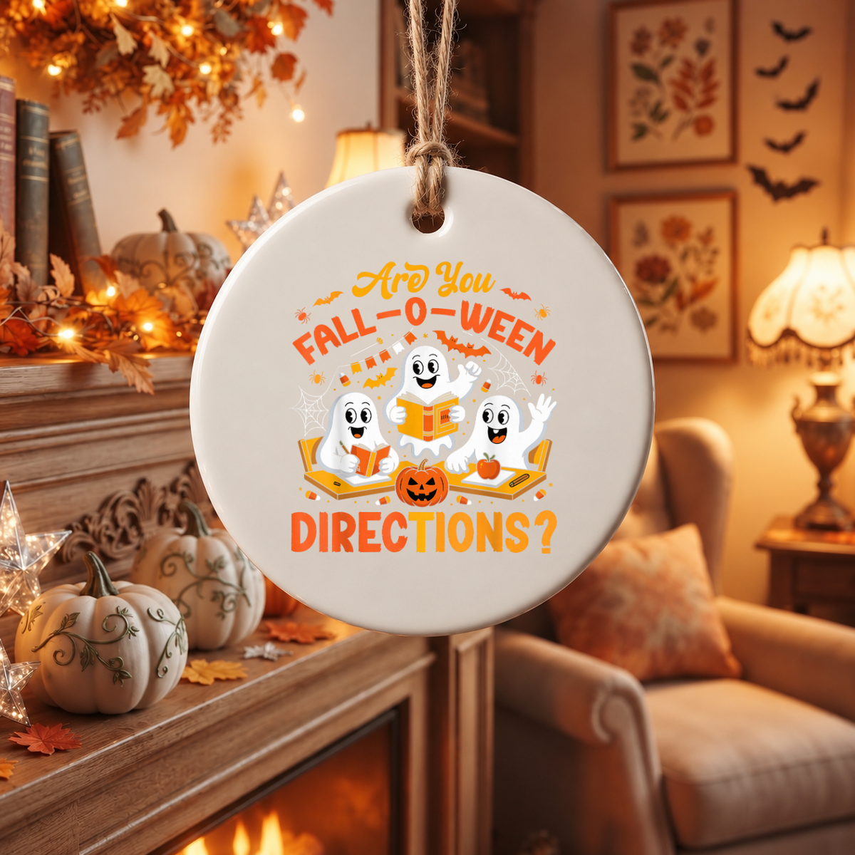 Fall O Ween Teacher Ghost Halloween Ornament Glass Ornament - Material: Circle Ceramic Ornament