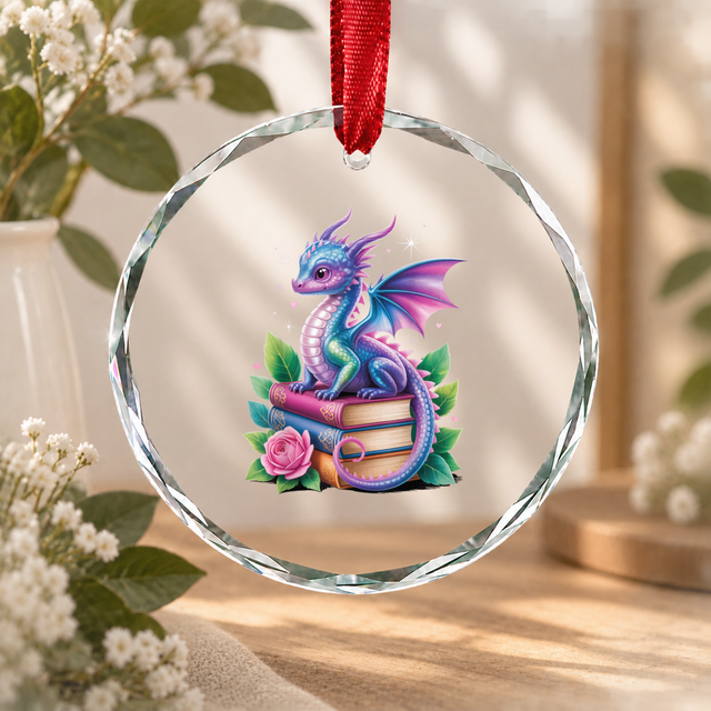 Fantasy Dragon Bookworm Reading Glass Ornament - Material: Circle Glass Ornament