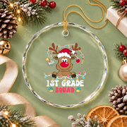 First Grade Squad Reindeer Teacher Glass Ornament - Material: Circle Glass Ornament