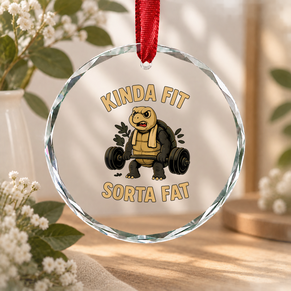 Fitness Turtle Gym Motivation Glass Ornament - Material: Circle Glass Ornament
