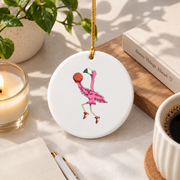 Flamingo Basketball Player Fun Design Glass Ornament - Material: Circle Ceramic Ornament