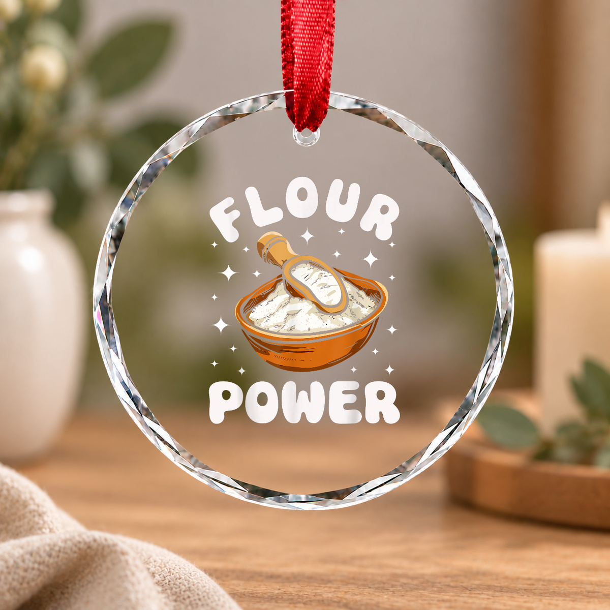 Flour Power Baking Pun Gift For Baking Enthusiast Kitchen Decor Glass Ornament - Material: Circle Glass Ornament
