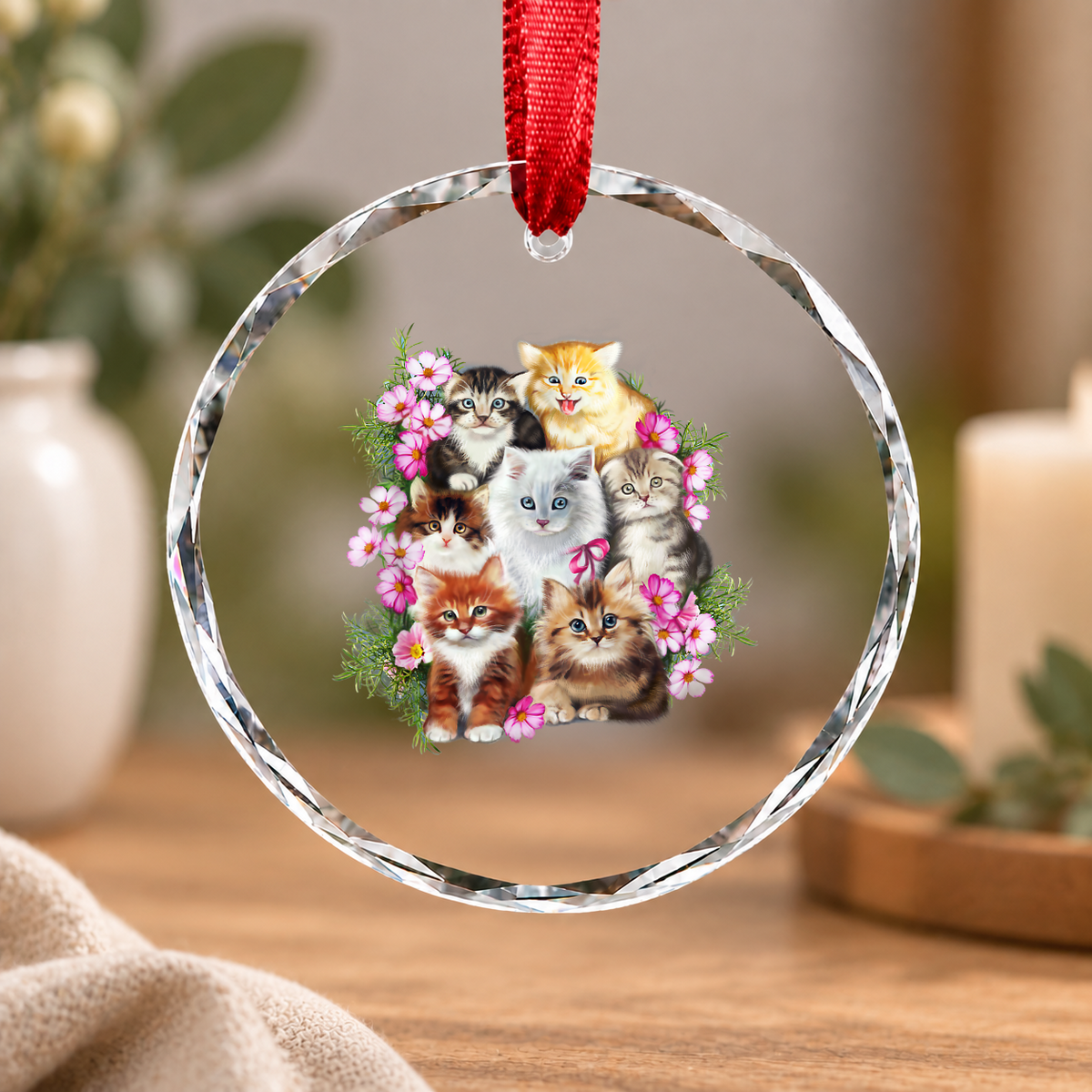 Fluffy Kittens Garden Animal Lover Glass Ornament - Material: Circle Glass Ornament