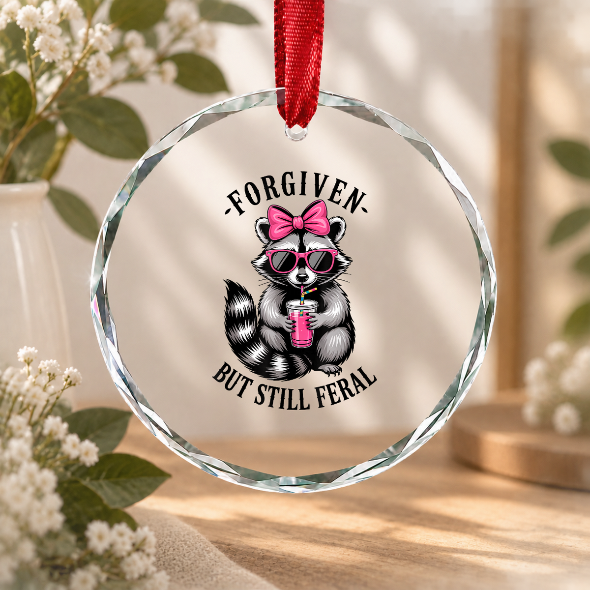 Forgiven But Still Feral Funny Quote Glass Ornament - Material: Circle Glass Ornament