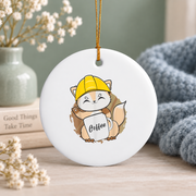 Fox Drinking Coffee Construction Worker Coffee Lover Glass Ornament - Material: Circle Ceramic Ornament