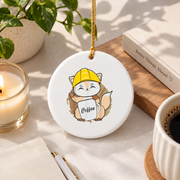Fox Drinking Coffee Construction Worker Coffee Lover Glass Ornament - Material: Circle Ceramic Ornament