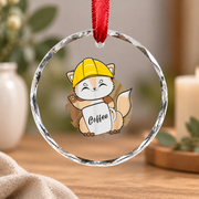 Fox Drinking Coffee Construction Worker Coffee Lover Glass Ornament - Material: Circle Glass Ornament