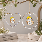 Fox Drinking Coffee Construction Worker Coffee Lover Glass Ornament - Material: Heart Glass Ornament