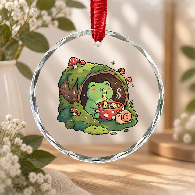 Frog Eating Ramen Cottagecore Kawaii Glass Ornament - Material: Circle Glass Ornament