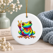 Frog Holding Peace Sign Hippie Style Glass Ornament - Material: Circle Ceramic Ornament