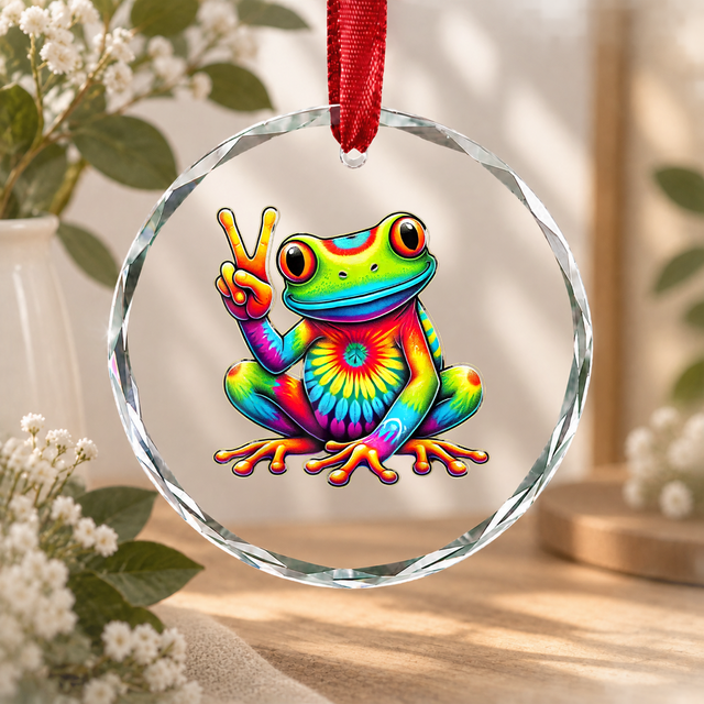 Frog Holding Peace Sign Hippie Style Glass Ornament - Material: Circle Glass Ornament