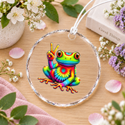 Frog Holding Peace Sign Hippie Style Glass Ornament - Material: Circle Glass Ornament