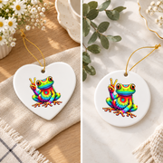 Frog Holding Peace Sign Hippie Style Glass Ornament - Material: Heart Ceramic Ornament