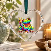Frog Holding Peace Sign Hippie Style Glass Ornament - Material: Heart Glass Ornament