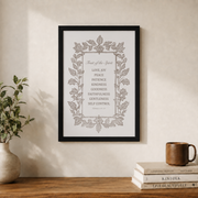 Fruit Of The Spirit Christian Wall Art, Neutral Brown Scripture Poster - Format: Black Framed Poster