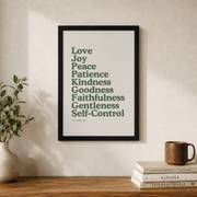 Fruit Of The Spirit Wall Art Galatians 5:22-23 Sage Green Christian Bible Verse Poster Living Room Bedroom Decor - Format: Black Framed Poster