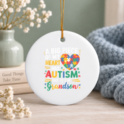 Funny Autism Awareness Heart Ornament for Grandson Glass Ornament - Material: Circle Ceramic Ornament