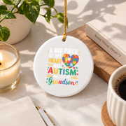 Funny Autism Awareness Heart Ornament for Grandson Glass Ornament - Material: Circle Ceramic Ornament