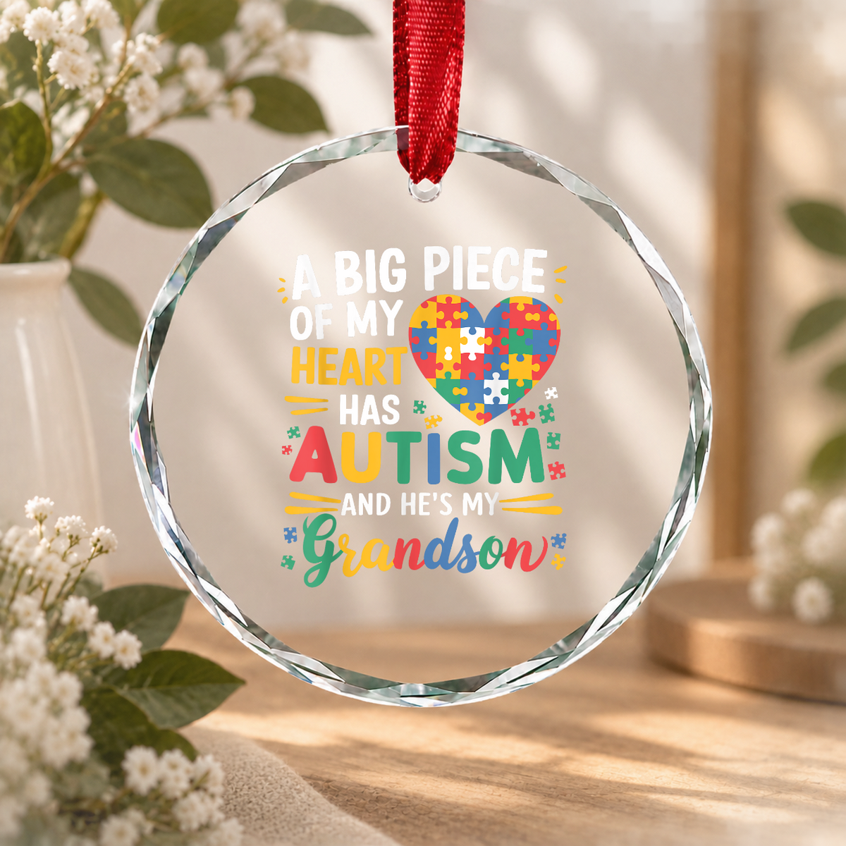 Funny Autism Awareness Heart Ornament for Grandson Glass Ornament - Material: Circle Glass Ornament