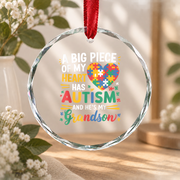 Funny Autism Awareness Heart Ornament for Grandson Glass Ornament - Material: Circle Glass Ornament