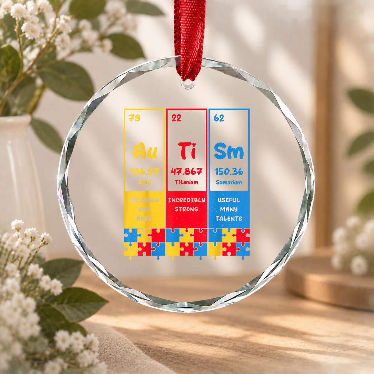 Funny Autism Chemistry Periodic Table Ornament Glass Ornament - Material: Circle Glass Ornament
