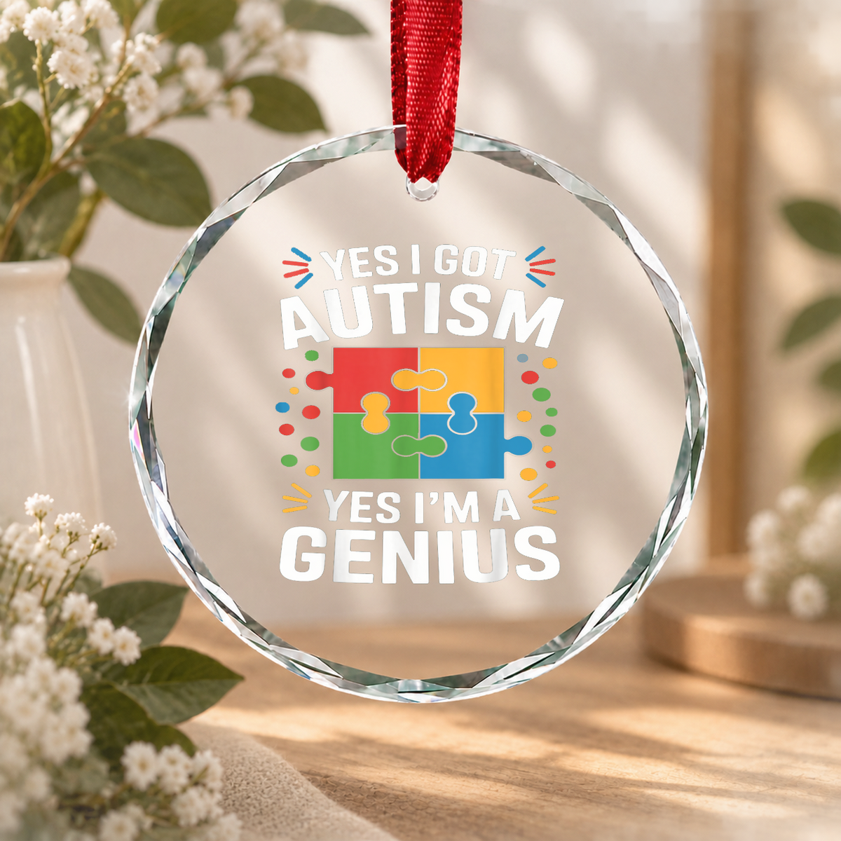 Funny Autism Puzzle Piece Kids Ornament Glass Ornament - Material: Circle Glass Ornament