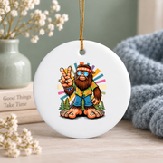 Funny Bigfoot Peace Sign Retro Hippie Glass Ornament - Material: Circle Ceramic Ornament
