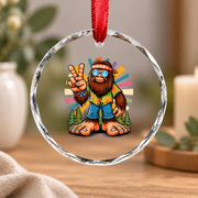 Funny Bigfoot Peace Sign Retro Hippie Glass Ornament - Material: Circle Glass Ornament